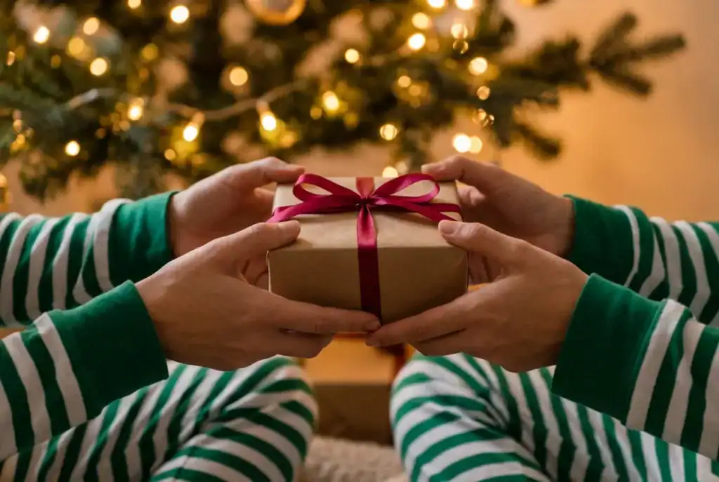 Deux personnes en pyjamas rayés vert et blanc s’échangent un petit cadeau devant les lumières du sapin