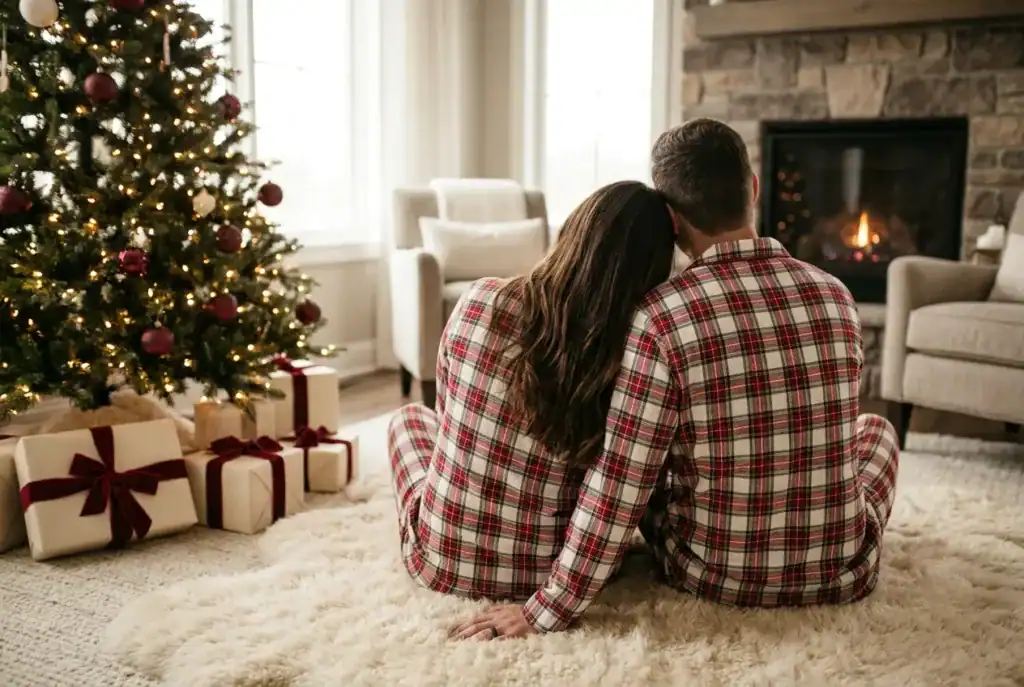 Couple de dos en pyjamas de Noël à carreaux rouges assortis devant un sapin décoré