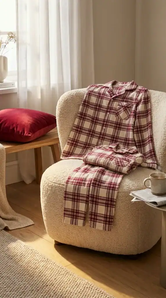 Pyjama à carreaux rouges et blancs posé sur un fauteuil beige.