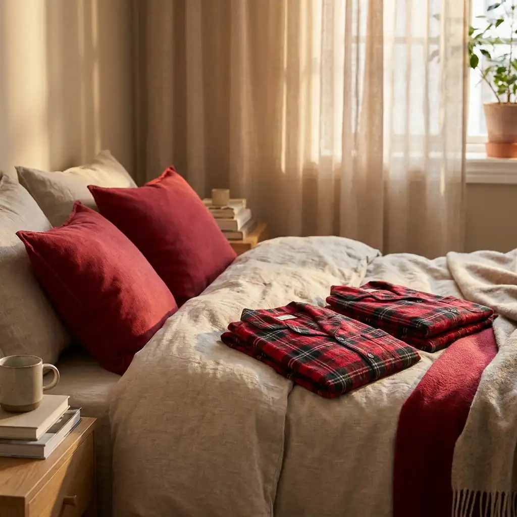 Pyjama couple rouge à carreaux plaid posé sur lit.