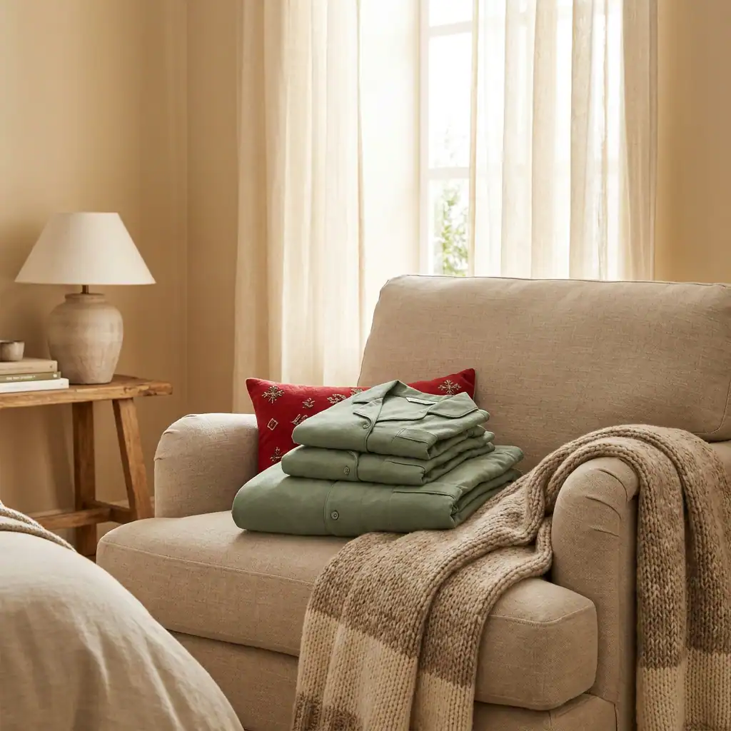 Pyjama à manches longues vert olive plié sur un canapé beige dans un salon chaleureux.