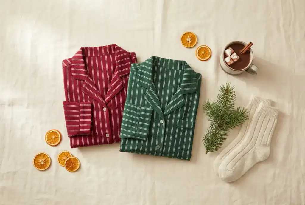 Deux hauts de pyjama rayés pliés, l’un rouge et l’autre vert, avec une branche de sapin, des oranges séchées, un chocolat chaud et des chaussettes en laine