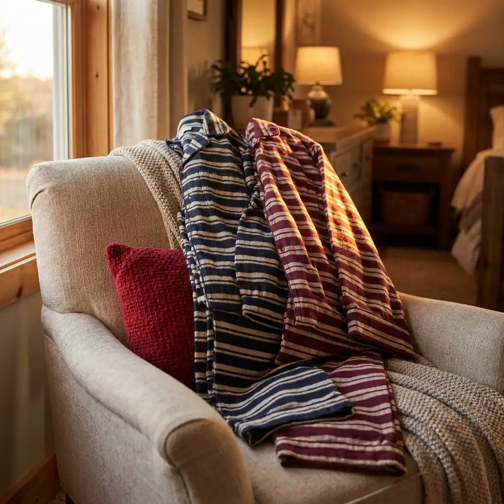 Pyjamas rayés bleu marine et bordeaux posés sur un fauteuil dans une chambre chaleureuse
