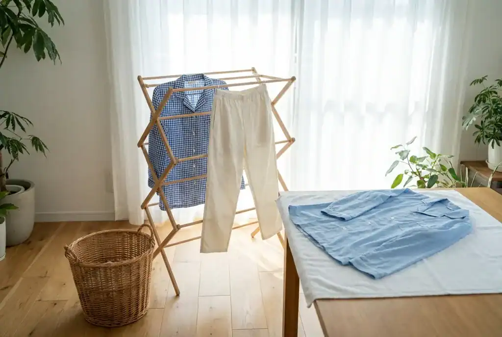 Pyjama en coton à carreaux et pantalon uni qui sèchent sur un étendoir en bois près d’une fenêtre lumineuse