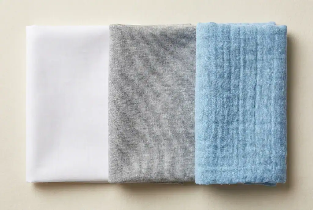 Trois échantillons de coton côte à côte : popeline blanche lisse, jersey gris chiné et double gaze bleu clair gaufrée