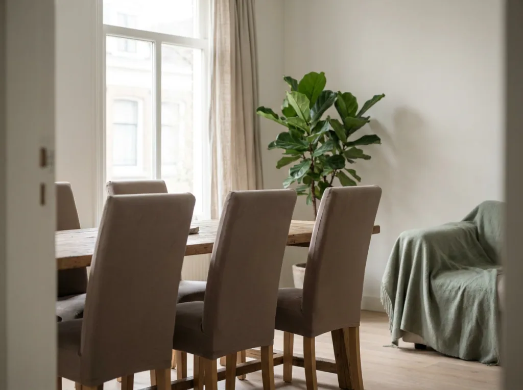 Eetkamerstoelen met beige stoelhoezen rond een houten eettafel