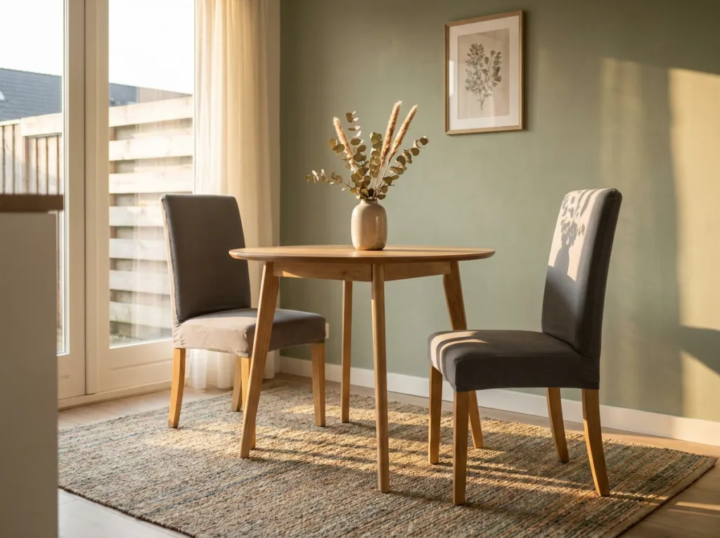 Eethoek met een ronde tafel en twee stoelen in grijze stoelhoezen