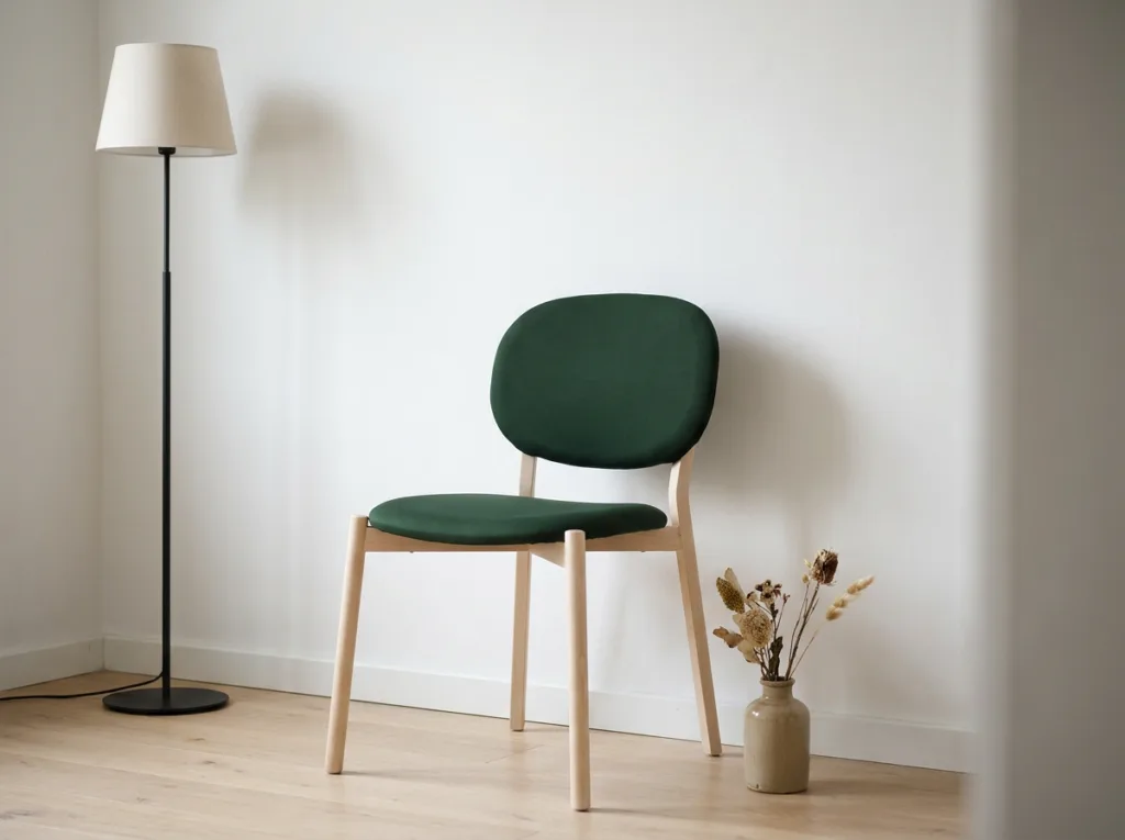 Scandinavische stoel met een donkergroene stoelhoes naast een vloerlamp