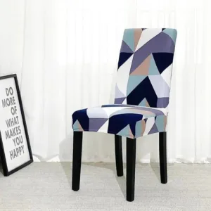Stoelhoes met geometrisch patroon in blauw en paars