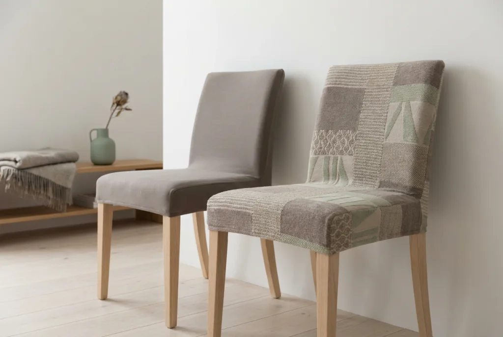 Twee eetkamerstoelen naast elkaar, een met een effen hoes en een met een motief