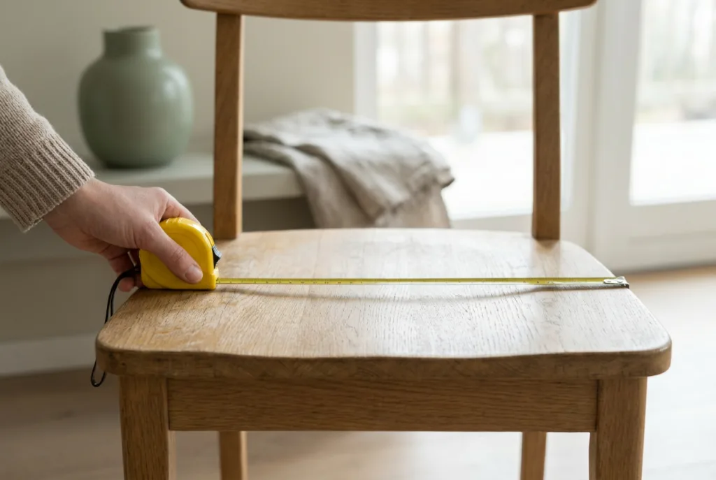 Rolmaat over de breedte van de zitting van een houten eetkamerstoel