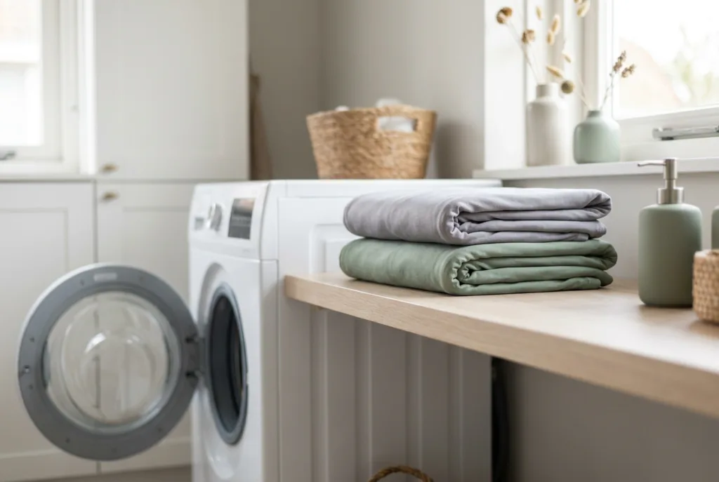 Twee opgevouwen stoelhoezen op een plank naast een wasmachine