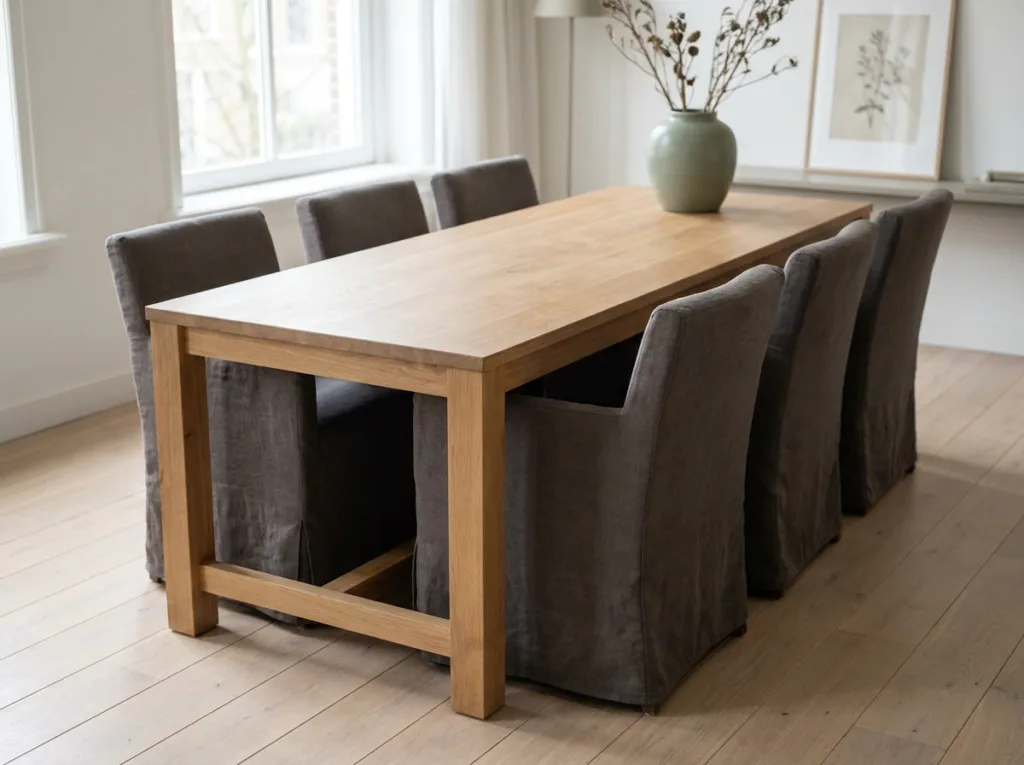 Zes eetkamerstoelen met dezelfde grijze stoelhoezen rond een lange tafel