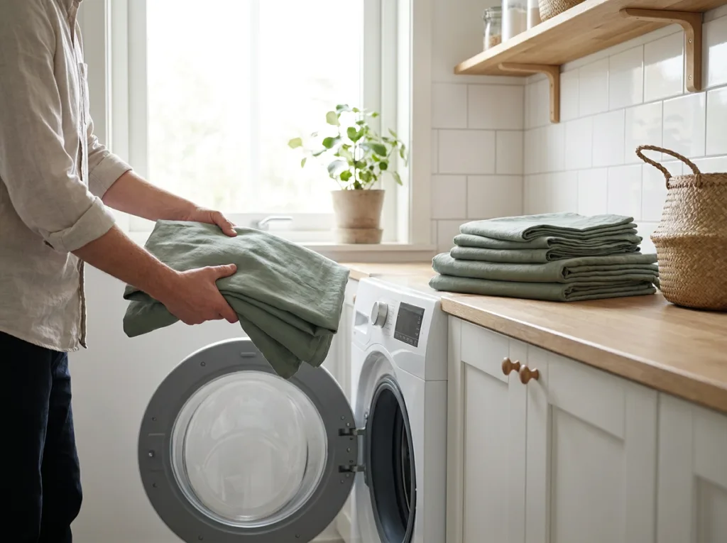 Een opgevouwen stoelhoes wordt in een wasmachine gelegd