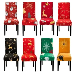 Kerststoelhoes met feestelijk dessin, rode en groene stoelhoezen met kerstmotieven.