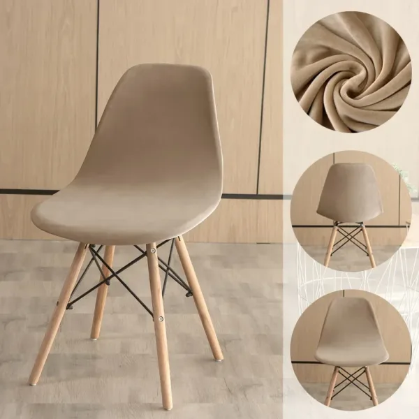 Taupe fluwelen hoes over een Scandinavische kuipstoel, met detail van de stof en twee andere aanzichten