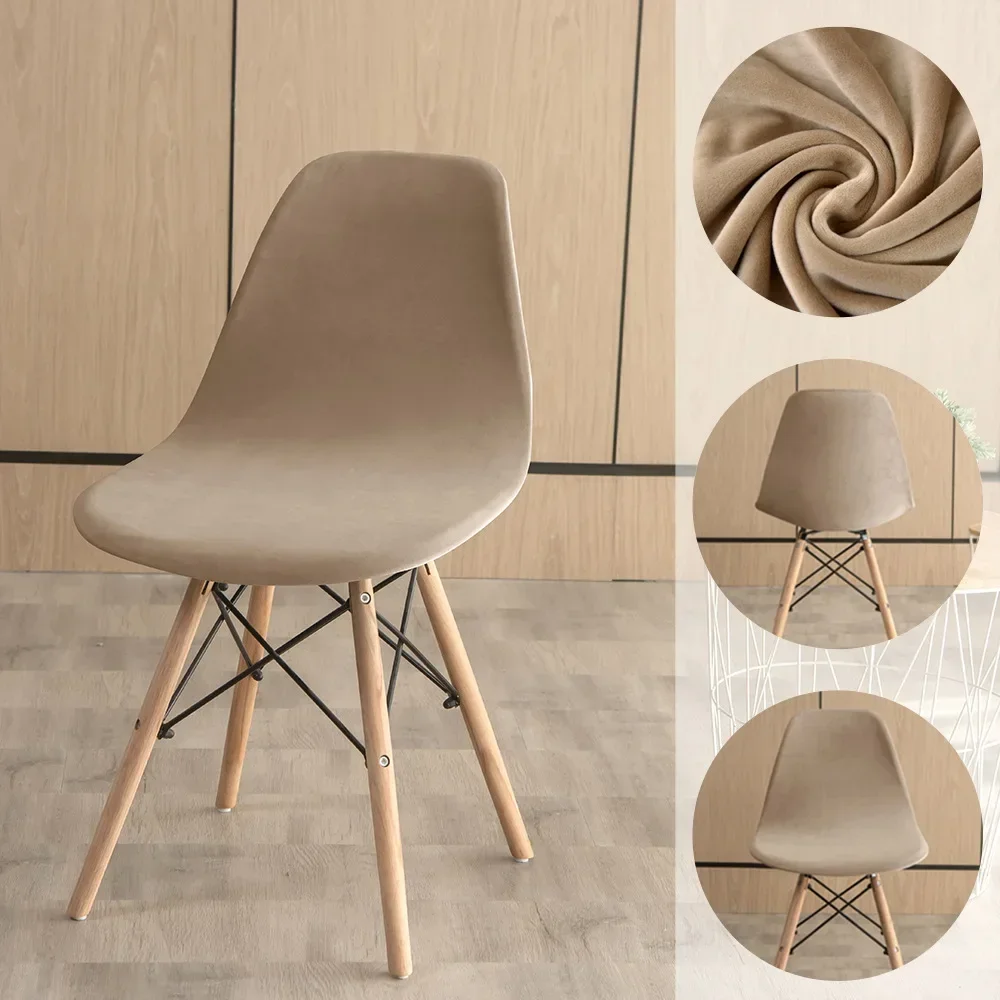 Taupe fluwelen hoes over een Scandinavische kuipstoel, met detail van de stof en twee andere aanzichten