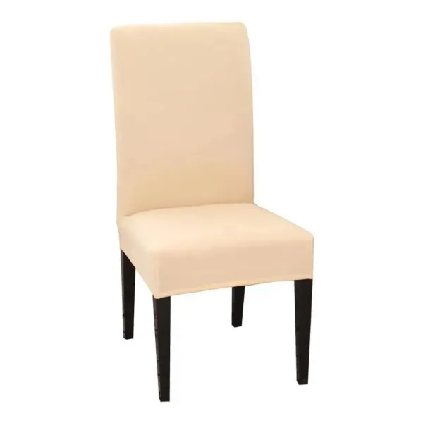 Beige stretch stoelhoes op een eettafelstoel.