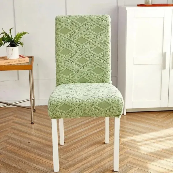 Groene stoelhoes met jacquard patroon, geschikt voor eettafelstoel.