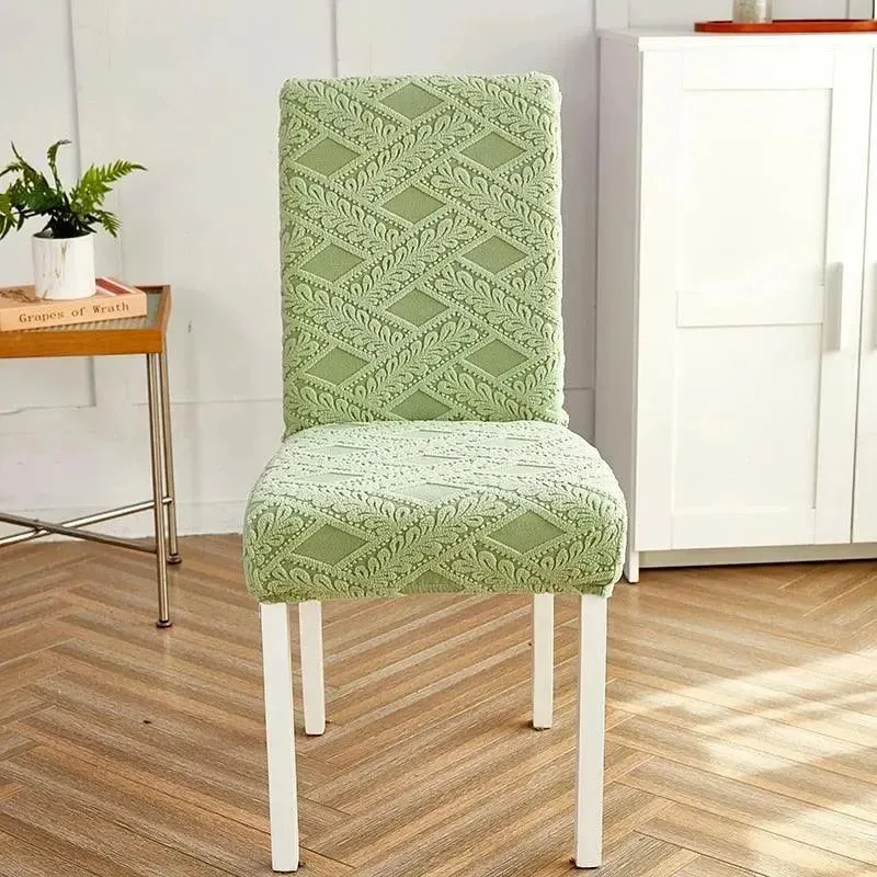 Groene stoelhoes met jacquard patroon, geschikt voor eettafelstoel.