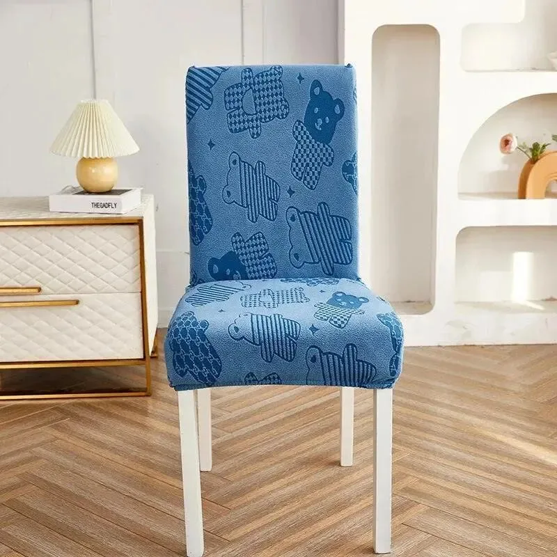Blauwe stoelhoes met teddybeer patroon, geschikt voor eettafelstoel.