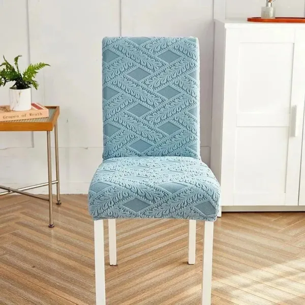 Blauwe stoelhoes met jacquard patroon, geschikt voor eettafelstoel.