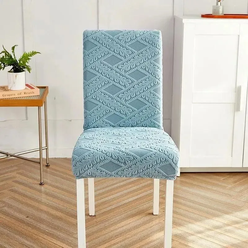 Blauwe stoelhoes met jacquard patroon, geschikt voor eettafelstoel.